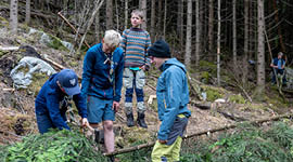 Speidere som kvister tre med øks i skogen.