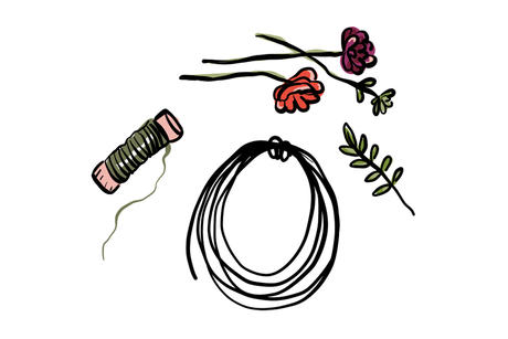 Illustrasjon av utsyr for å lage blomsterkrans