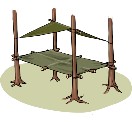 Illustrasjon av en bivuakk bygd mellom fire trær