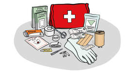 Illustrasjon av førstehjelpsutstyr.