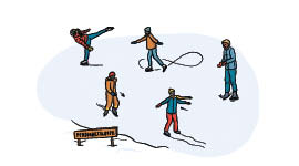 Illustrasjon av speidere som gjennomfører en ferdighetsløype på skøyter.