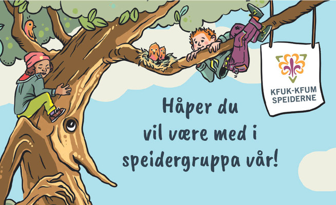 Baksiden på klippekort for nye speidere med teksten "Håper du vil være med i speidergruppa vår!"