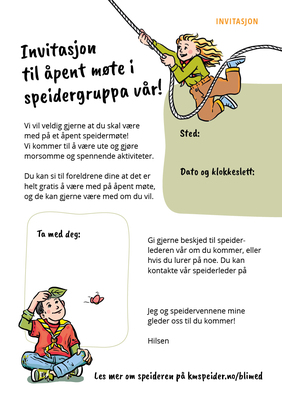Baksiden på vervekort i A5 som inviterer deg på åpent møte med informasjon om tidspunkt, sted, utstyr og kontaktinformasjon