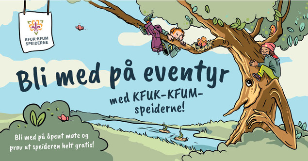 Vervekampanje toppbanner som viser speidere i et tre og tekst som ønsker deg velkommen til åpent møte
