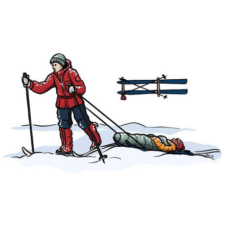 Illustrasjon av en person som drar en annen person på nødkjelke, og nødkjelke.